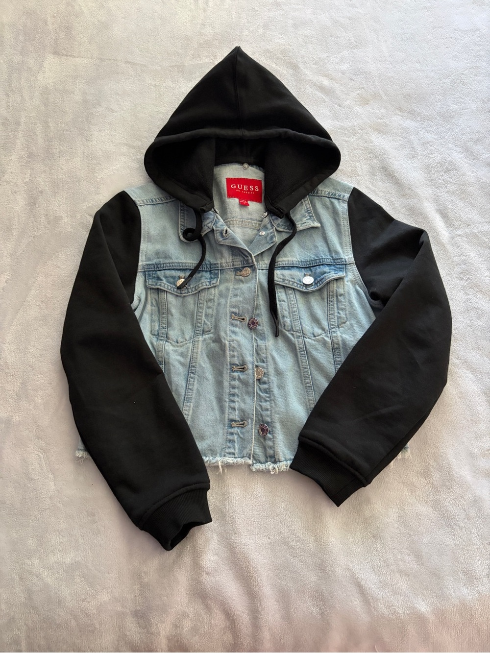 GUESS Light Wash Denim Jacket with Black Hood & Sleeves